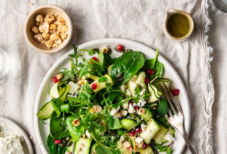 Picture of courgette and hazelnut salad with fresh and toasty flavours.