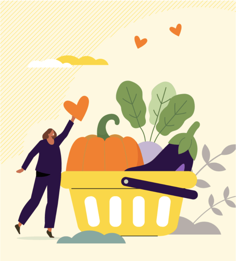 An illustration of a person next to a shopping basket full of vegetables