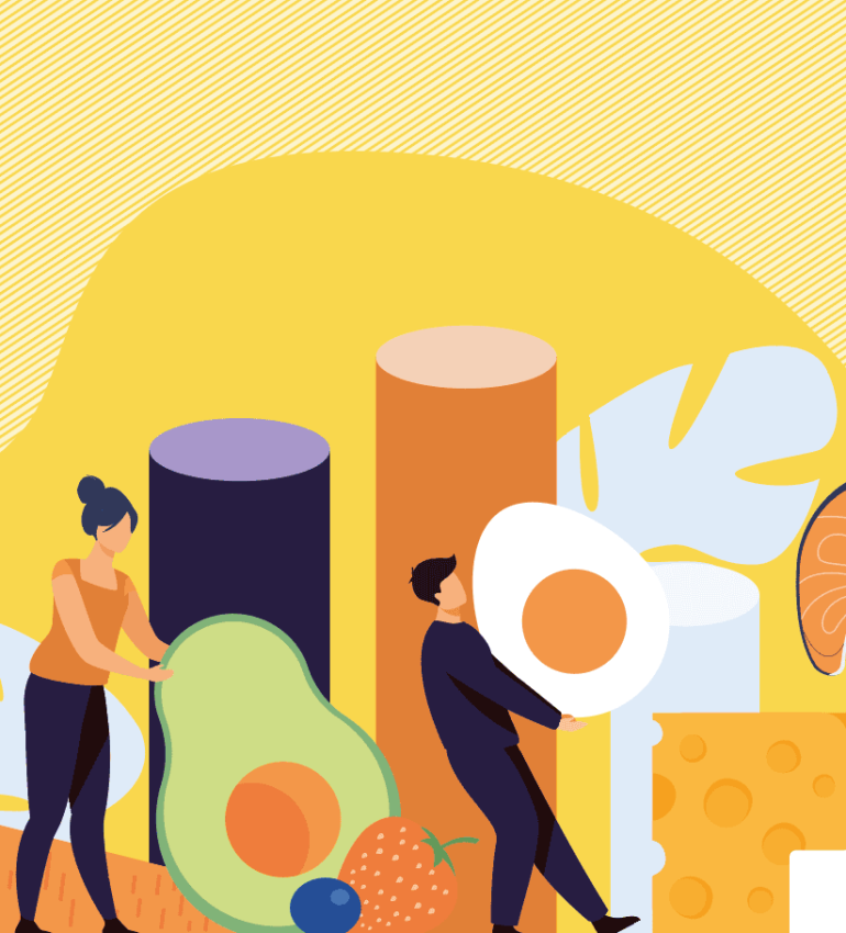 Three people with an average age of 30 , one is standing on a stool , another is holding a big orange and the other is pushing a lemon , next to a bag full of fruits and vegetables