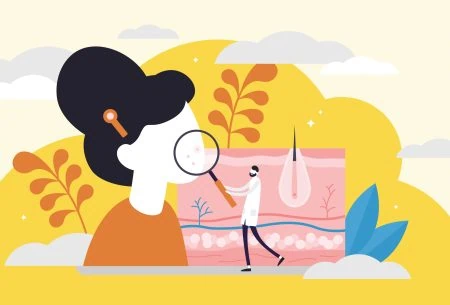 An illustration of a doctor holding up a magnifying glass to someones skin