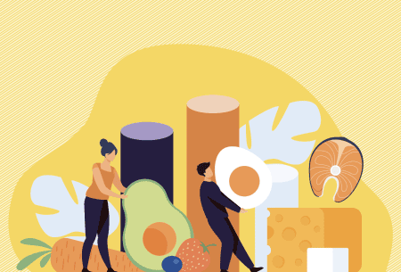 Three people with an average age of 30 , one is standing on a stool , another is holding a big orange and the other is pushing a lemon , next to a bag full of fruits and vegetables