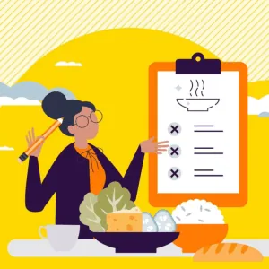 Illustration of person considering dietary changes to improve gut health and help manage symptoms of bloating